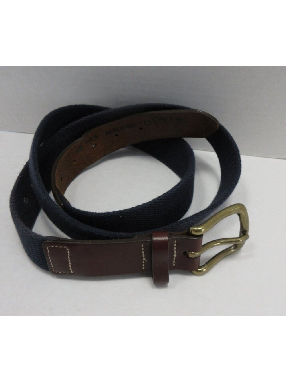Orvis Belt 46 Webbing Leather Brass Fish Emblem Classic Made In USA
